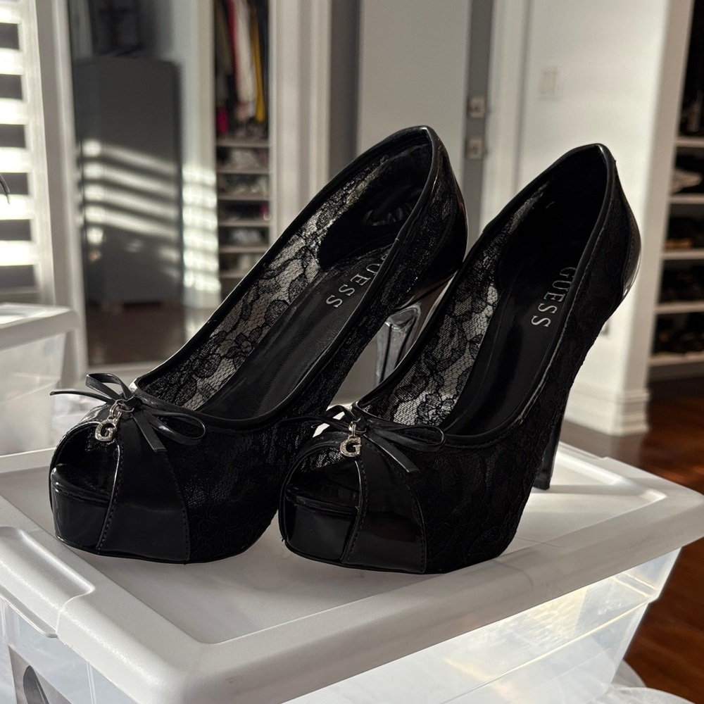 Guess Black Lace Platform Heels